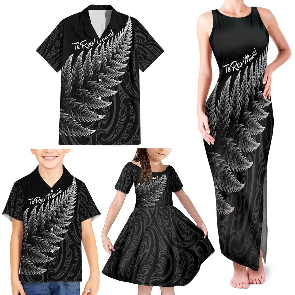New Zealand Te Reo Mori Family Matching Tank Maxi Dress and Hawaiian Shirt Simple Black Fern LT9 - Polynesian Pride
