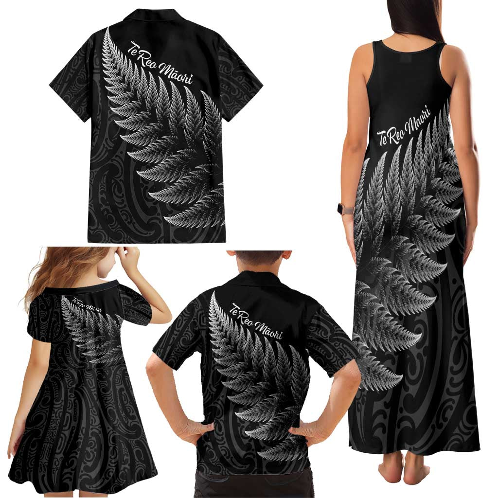New Zealand Te Reo Mori Family Matching Tank Maxi Dress and Hawaiian Shirt Simple Black Fern LT9 - Polynesian Pride