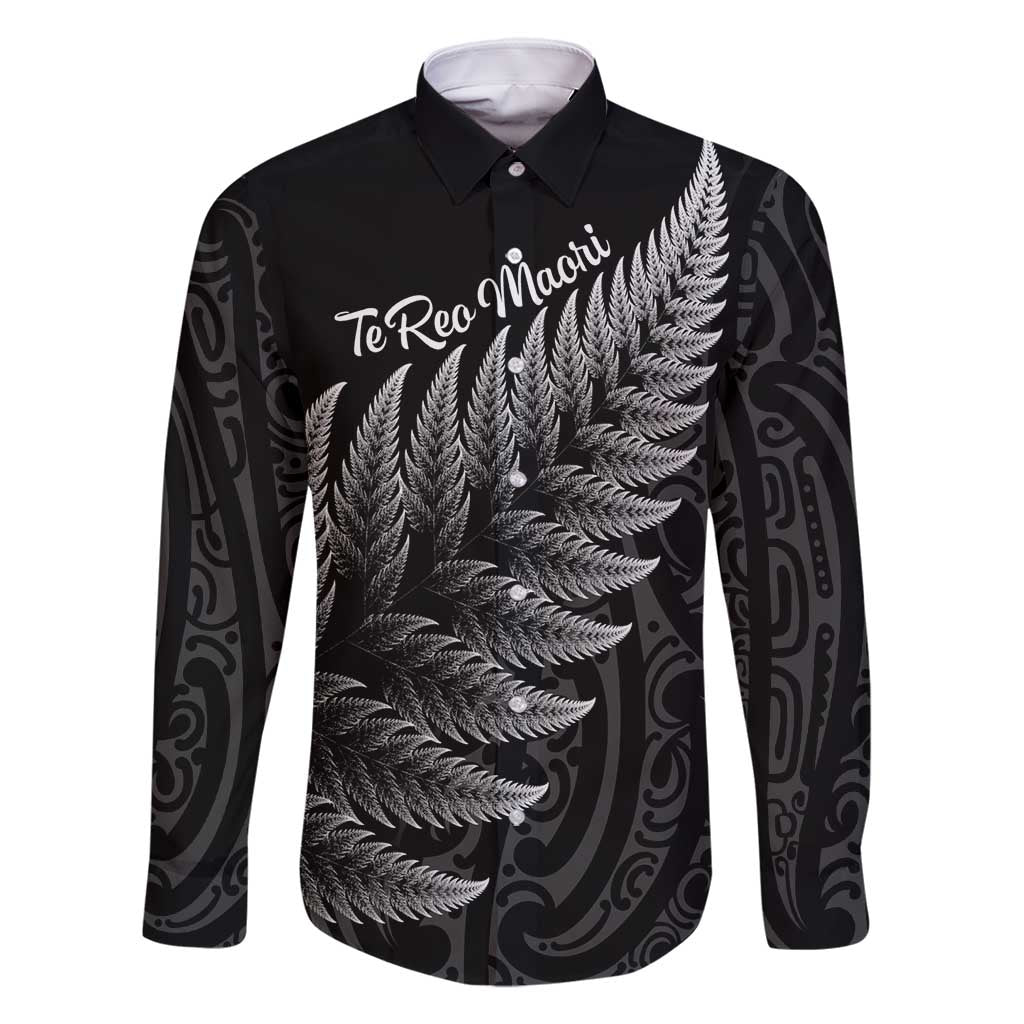 New Zealand Te Reo Mori Family Matching Tank Maxi Dress and Hawaiian Shirt Simple Black Fern LT9 Dad's Shirt - Long Sleeve Black - Polynesian Pride