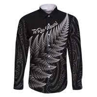New Zealand Te Reo Mori Family Matching Tank Maxi Dress and Hawaiian Shirt Simple Black Fern LT9 Dad's Shirt - Long Sleeve Black - Polynesian Pride