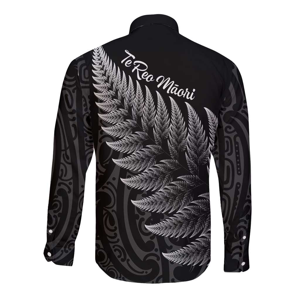 New Zealand Te Reo Mori Long Sleeve Button Shirt Simple Black Fern LT9 - Polynesian Pride