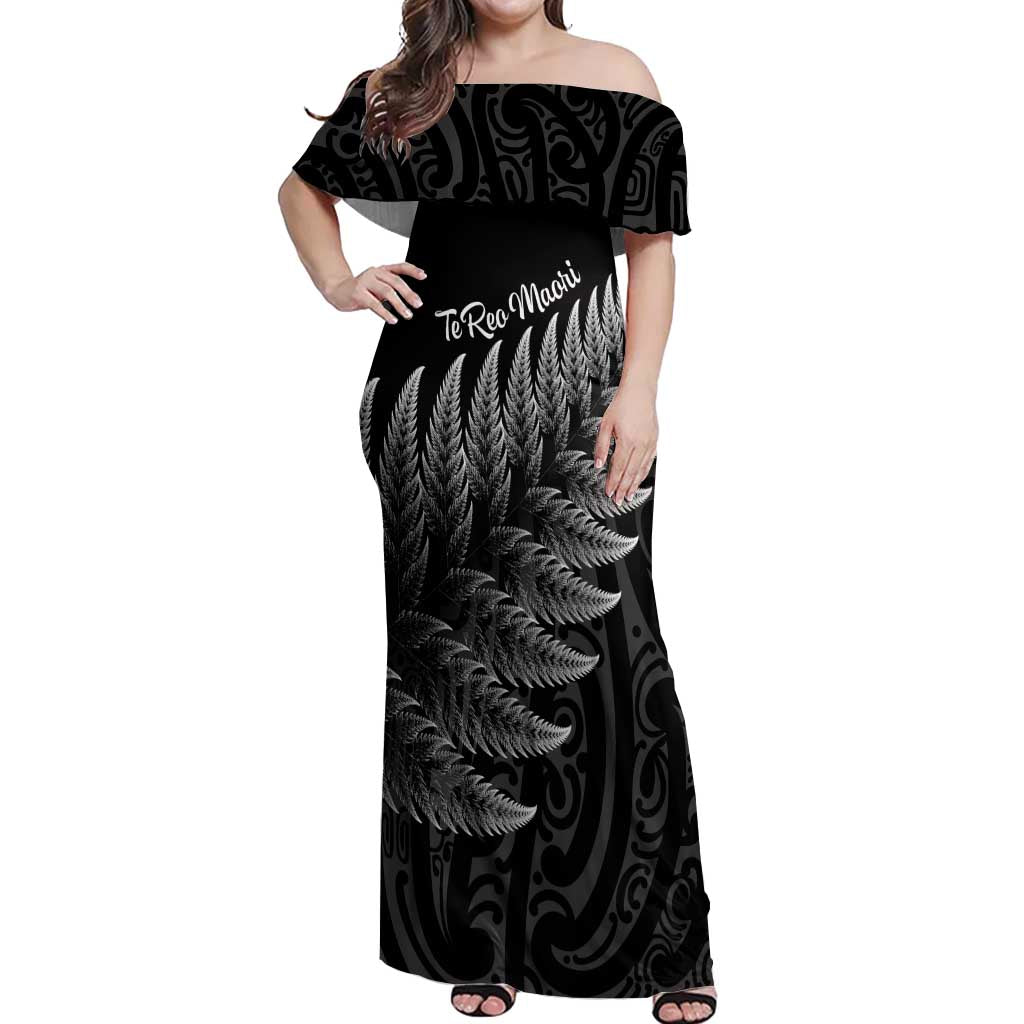 New Zealand Te Reo Mori Off Shoulder Maxi Dress Simple Black Fern LT9 Women Black - Polynesian Pride