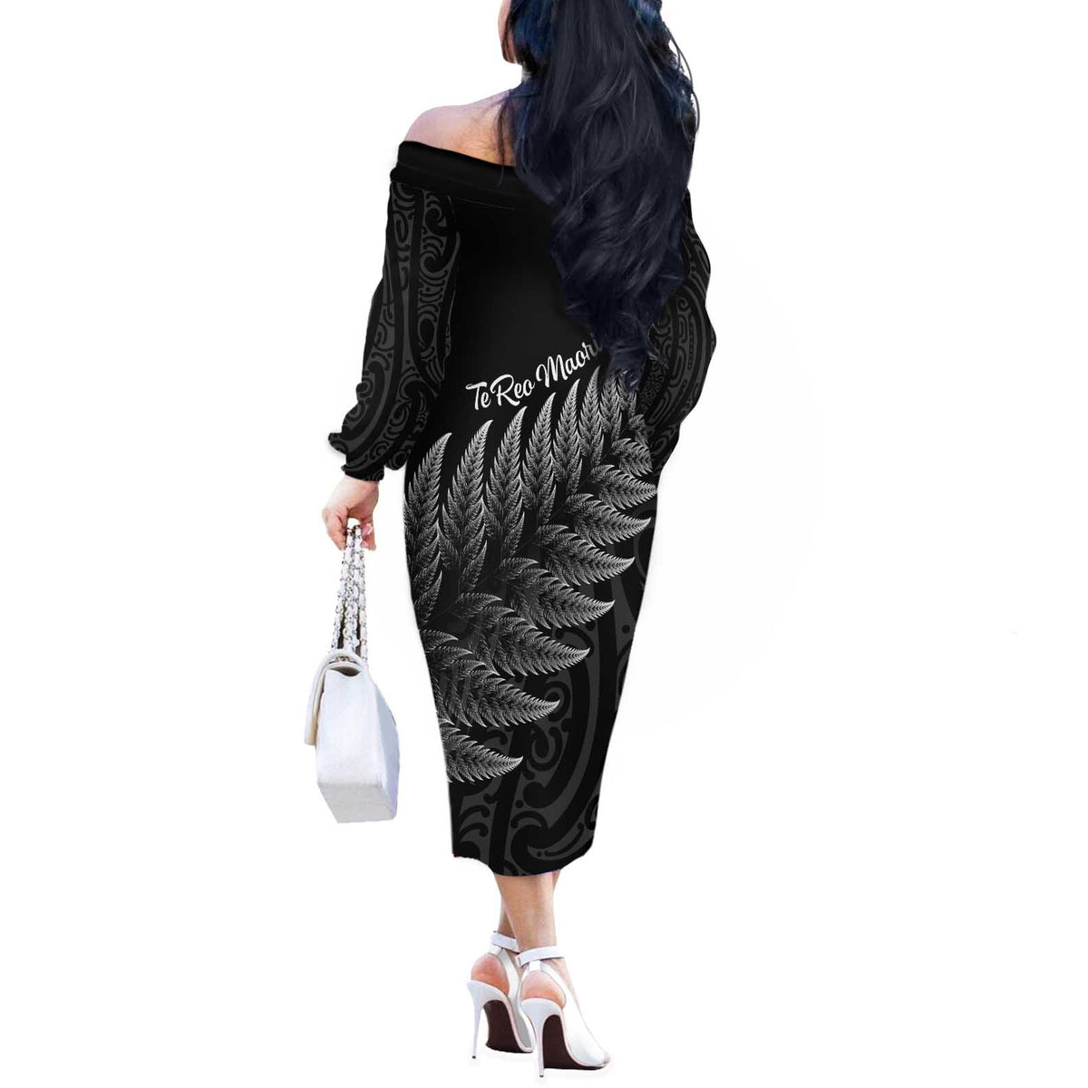 New Zealand Te Reo Mori Off The Shoulder Long Sleeve Dress Simple Black Fern LT9 - Polynesian Pride