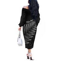 New Zealand Te Reo Mori Off The Shoulder Long Sleeve Dress Simple Black Fern LT9 - Polynesian Pride