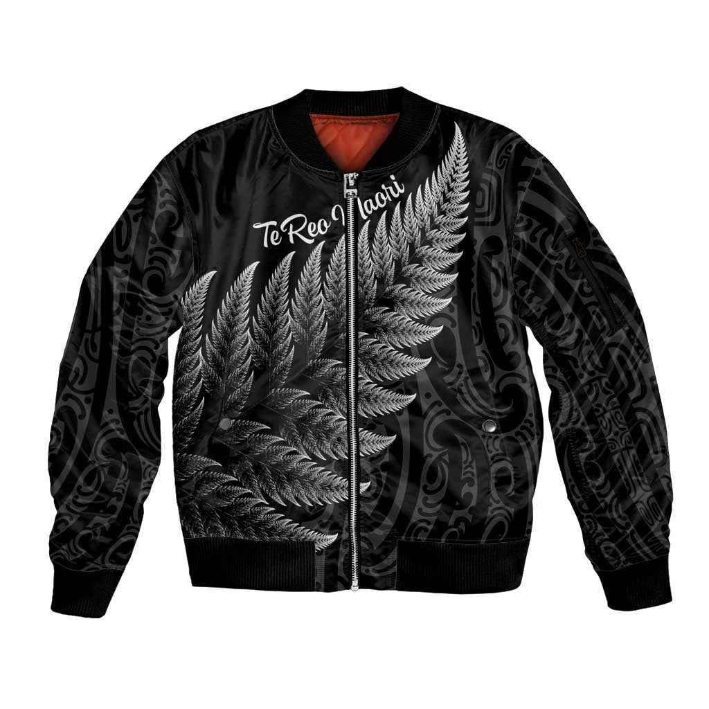 New Zealand Te Reo Māori Sleeve Zip Bomber Jacket Simple Black Fern