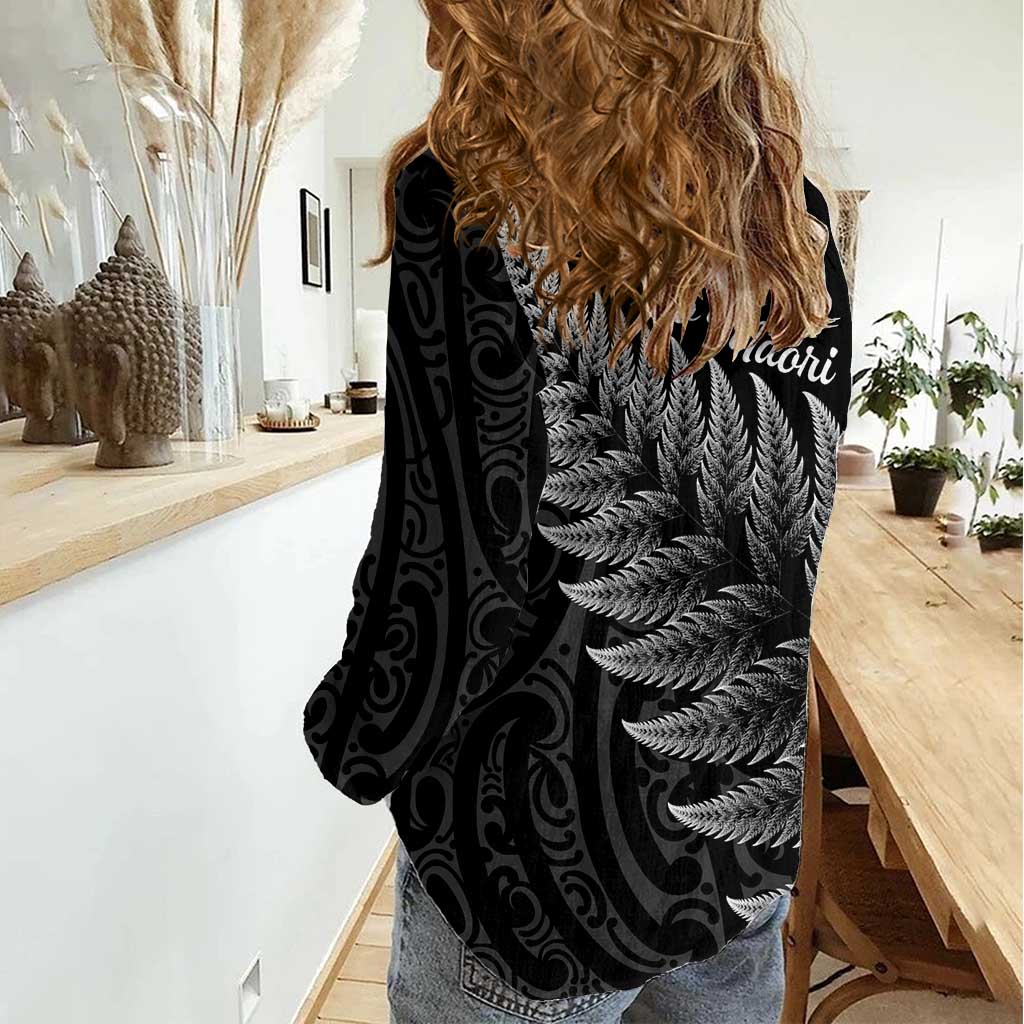 New Zealand Te Reo Māori Women Casual Shirt Simple Black Fern