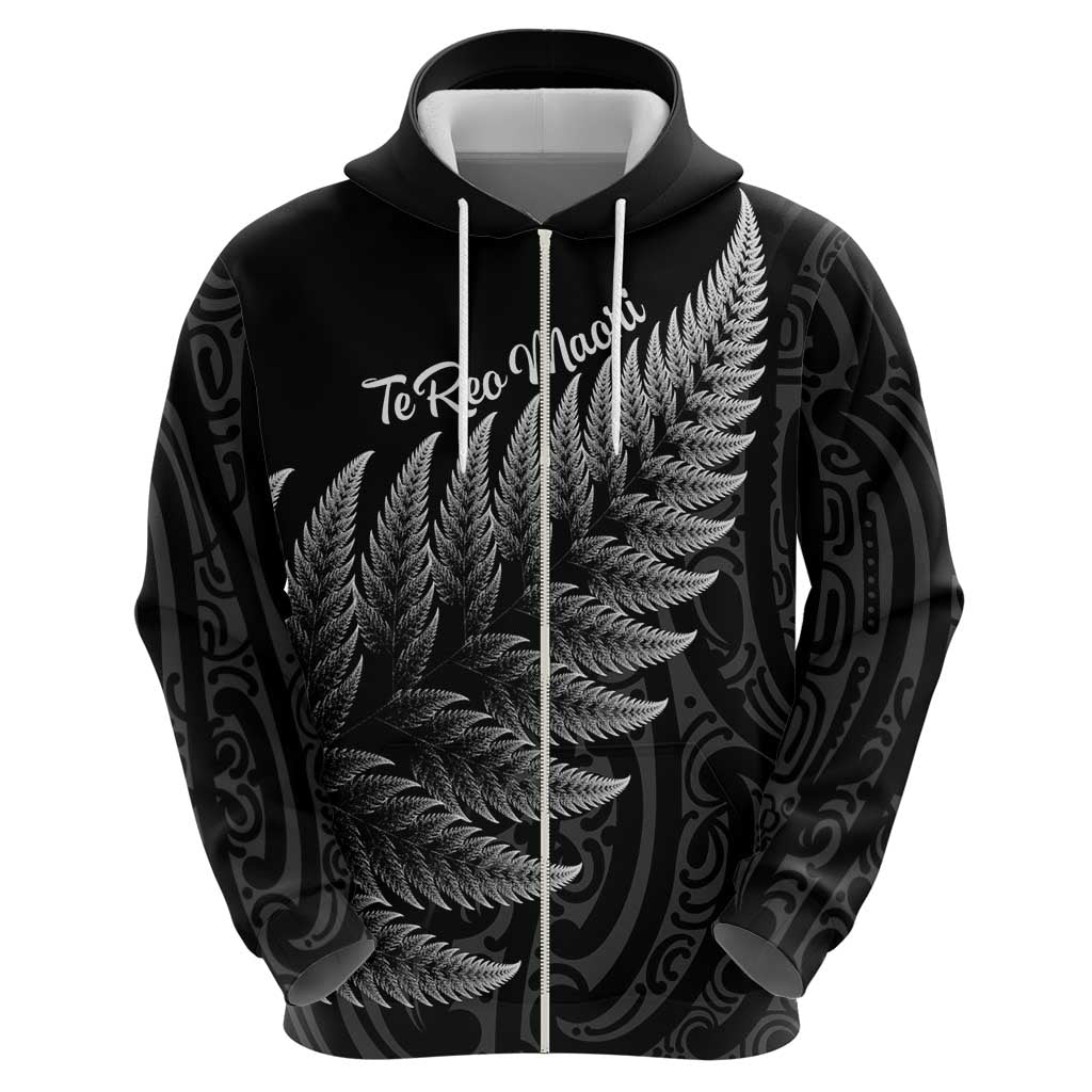 New Zealand Te Reo Māori Zip Hoodie Simple Black Fern