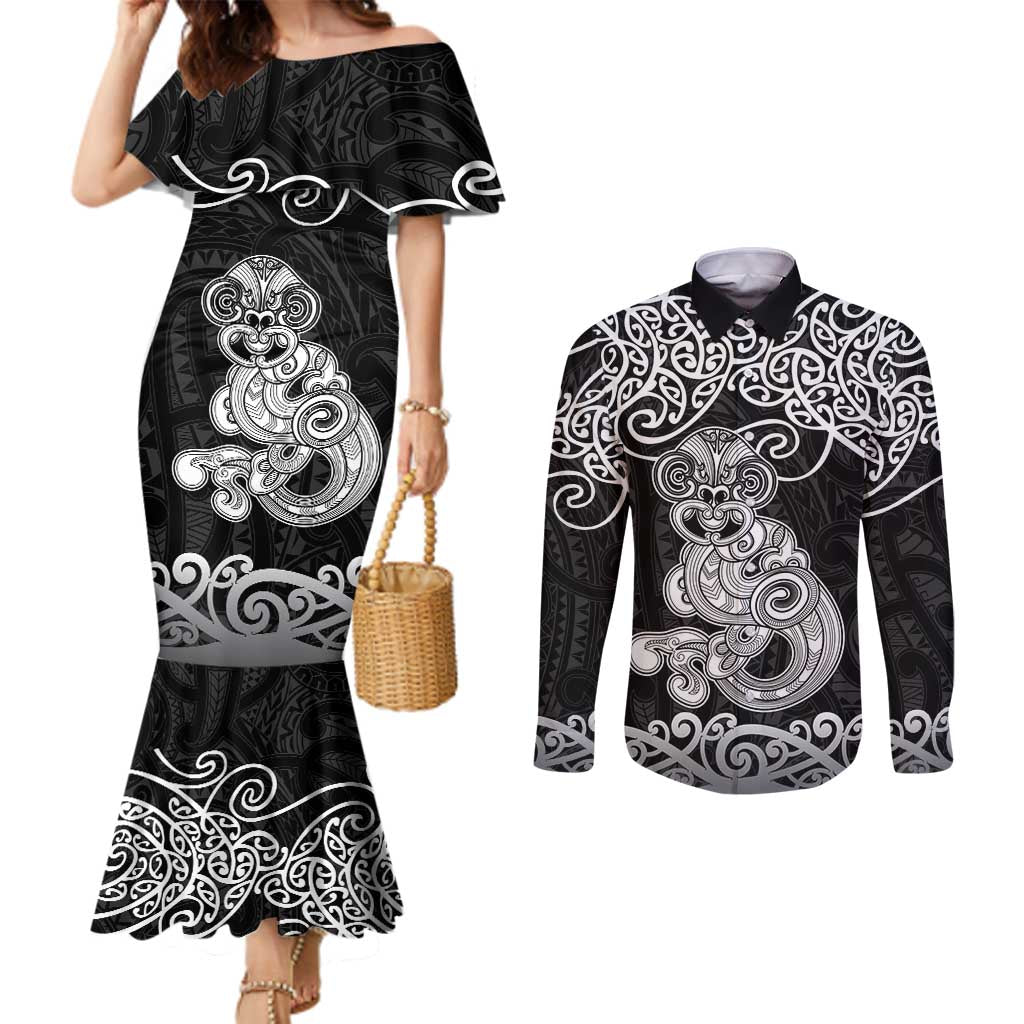 Te Reo Maori Tiki Inspired Art Couples Matching Mermaid Dress and Long Sleeve Button Shirt