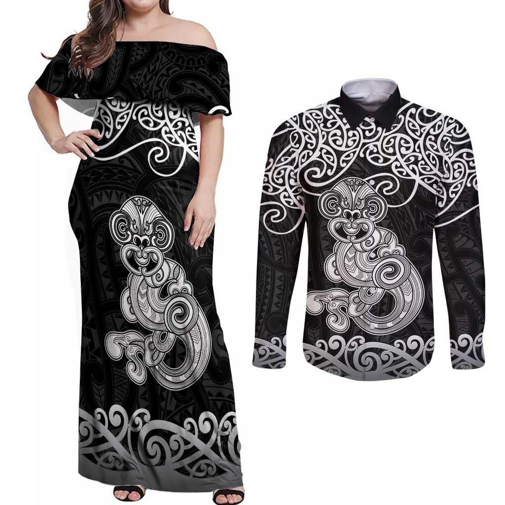 Te Reo Maori Tiki Inspired Art Couples Matching Off Shoulder Maxi Dress and Long Sleeve Button Shirt