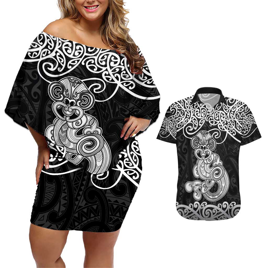Te Reo Maori Tiki Inspired Art Couples Matching Off Shoulder Short Dress and Hawaiian Shirt