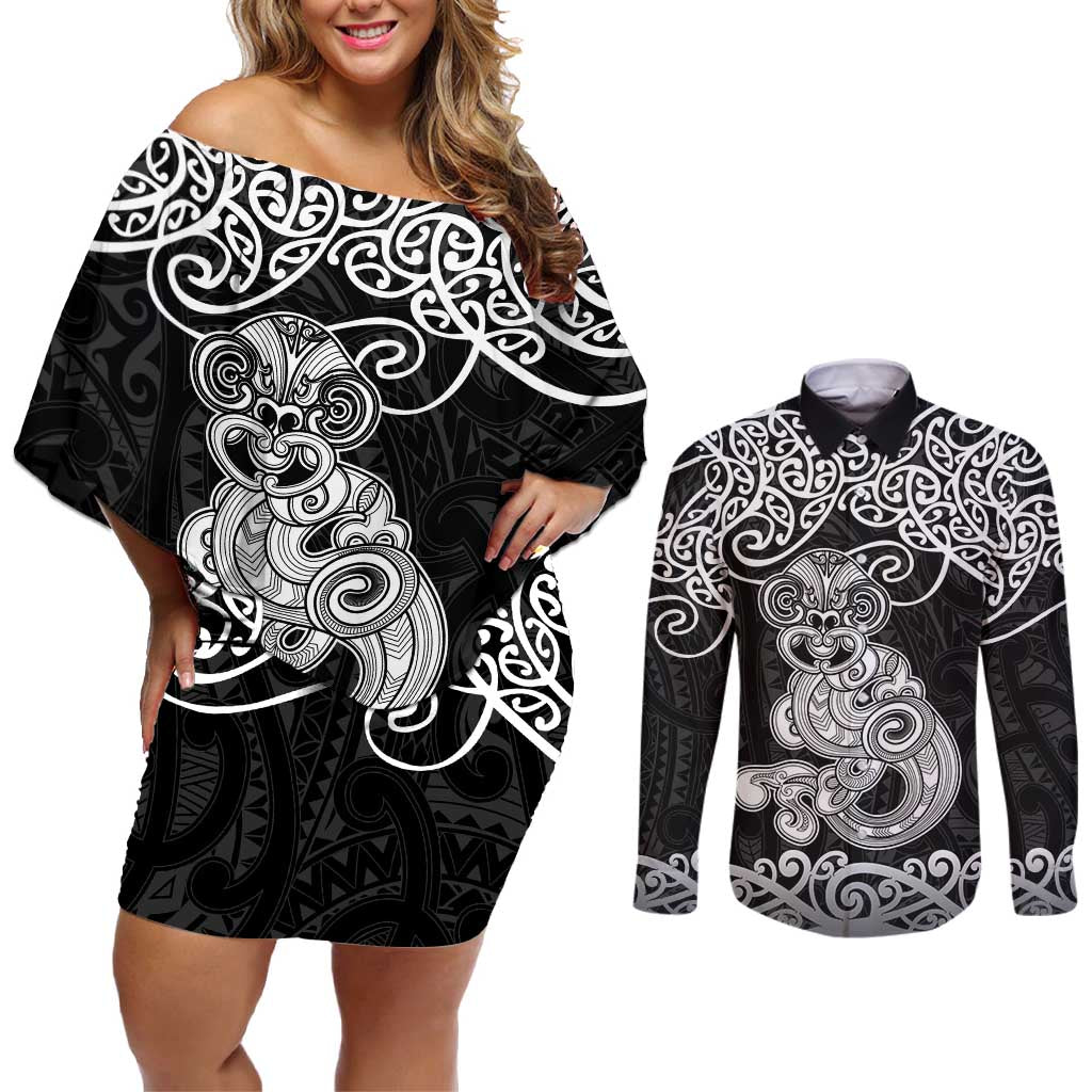 Te Reo Maori Tiki Inspired Art Couples Matching Off Shoulder Short Dress and Long Sleeve Button Shirt
