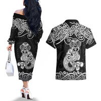 Te Reo Maori Tiki Inspired Art Couples Matching Off The Shoulder Long Sleeve Dress and Hawaiian Shirt