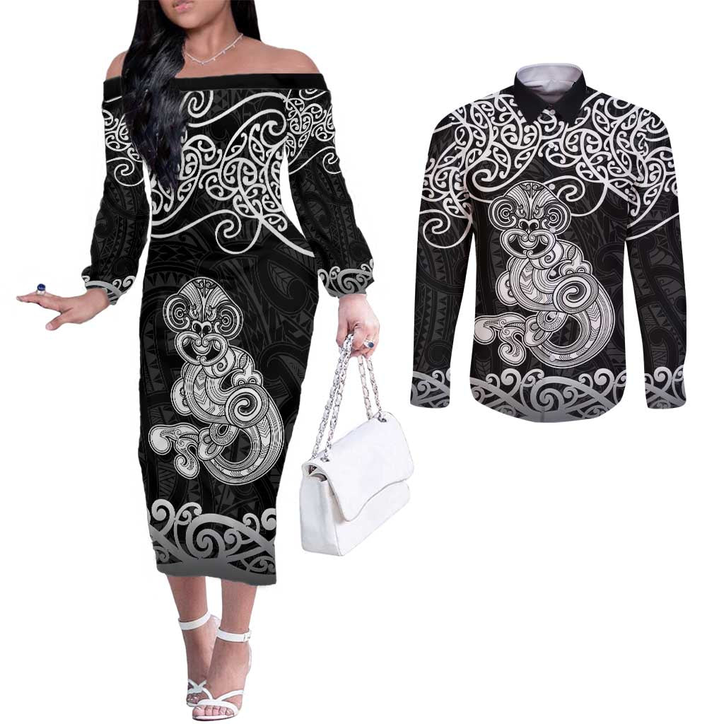 Te Reo Maori Tiki Inspired Art Couples Matching Off The Shoulder Long Sleeve Dress and Long Sleeve Button Shirt