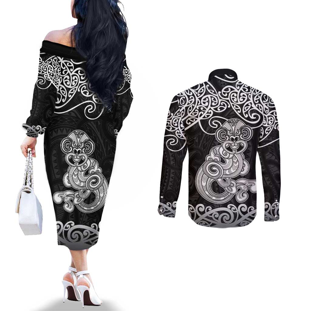 Te Reo Maori Tiki Inspired Art Couples Matching Off The Shoulder Long Sleeve Dress and Long Sleeve Button Shirt