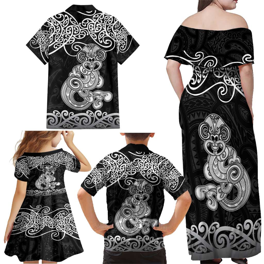 Te Reo Maori Tiki Inspired Art Family Matching Off Shoulder Maxi Dress and Hawaiian Shirt