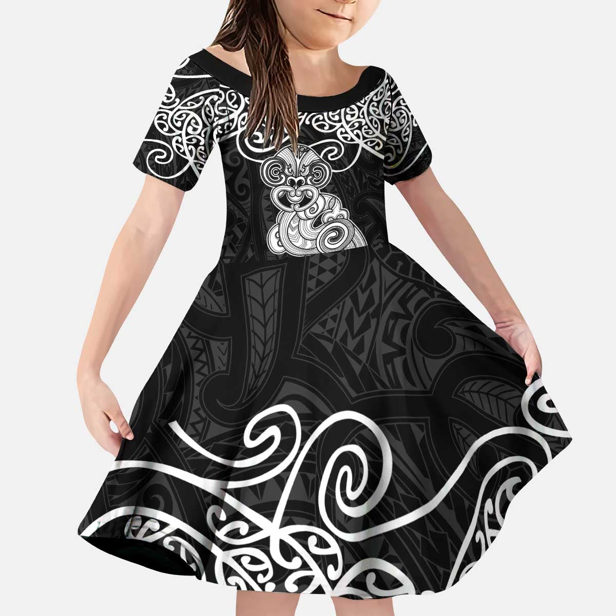 Te Reo Maori Tiki Inspired Art Kid Short Sleeve Dress LT9 KID Black - Polynesian Pride
