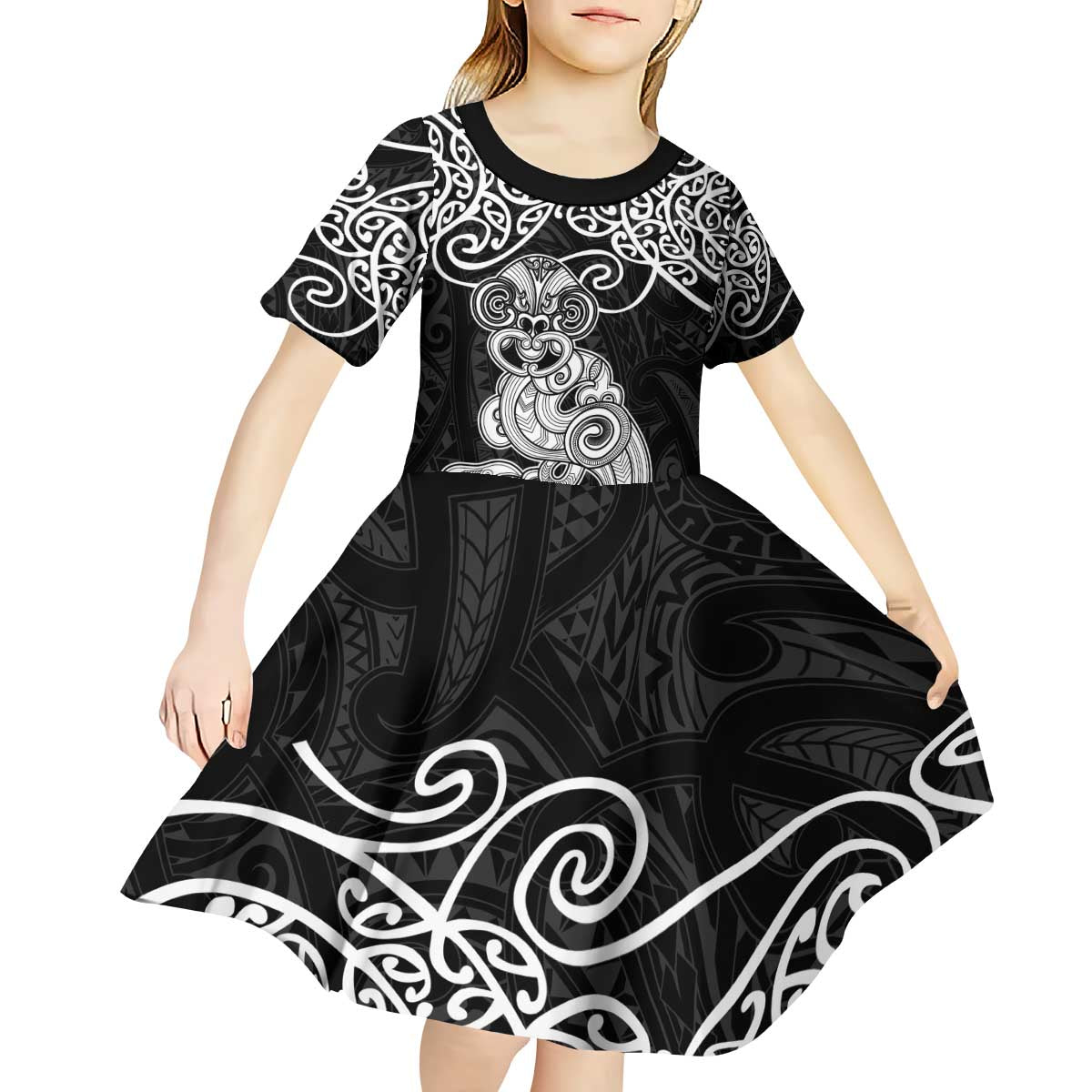 Te Reo Maori Tiki Inspired Art Kid Short Sleeve Dress LT9 - Polynesian Pride