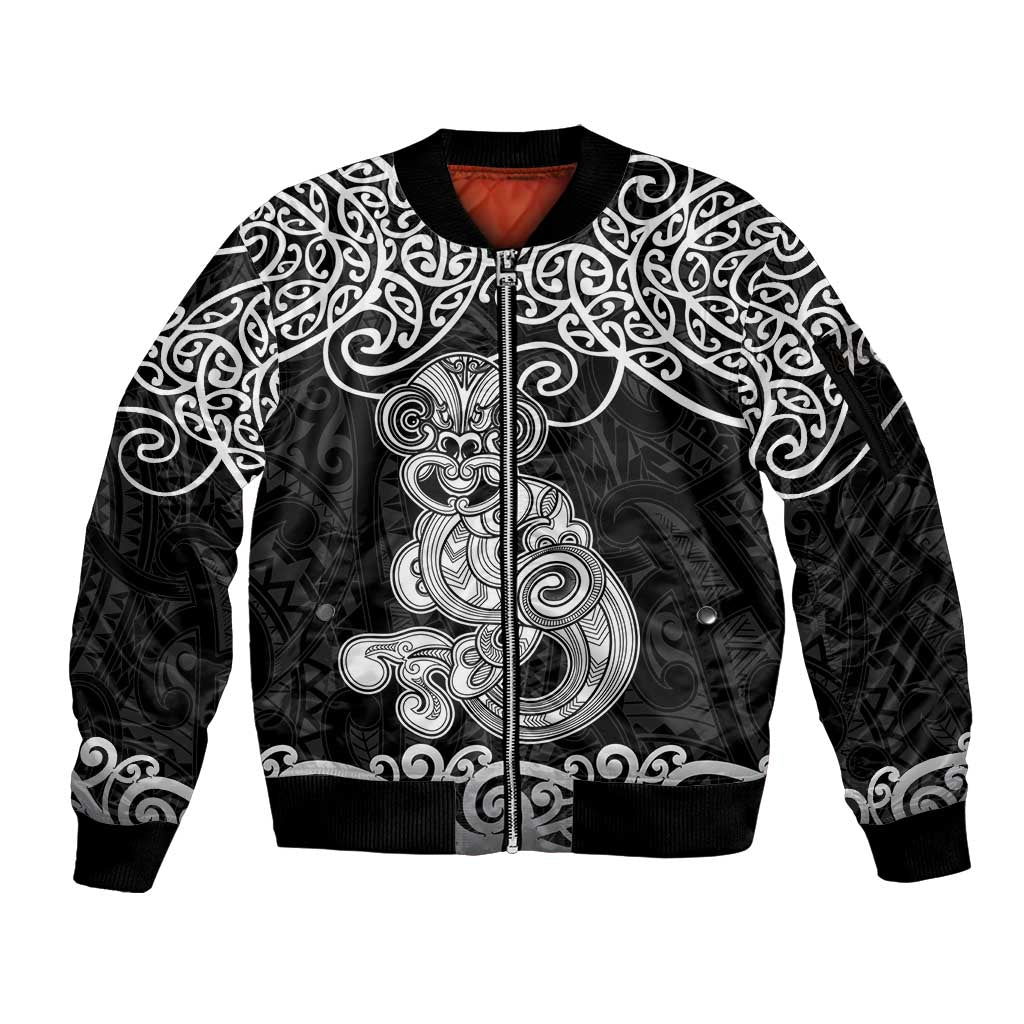 Te Reo Maori Tiki Inspired Art Sleeve Zip Bomber Jacket