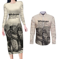 Whanau Maori Language Couples Matching Long Sleeve Bodycon Dress and Long Sleeve Button Shirt Te Reo Maori Inspired Art