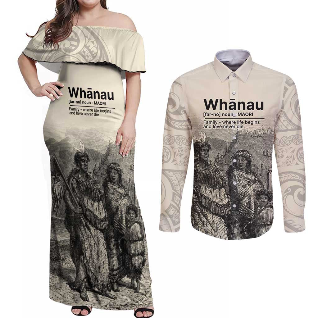 Whanau Maori Language Couples Matching Off Shoulder Maxi Dress and Long Sleeve Button Shirt Te Reo Maori Inspired Art