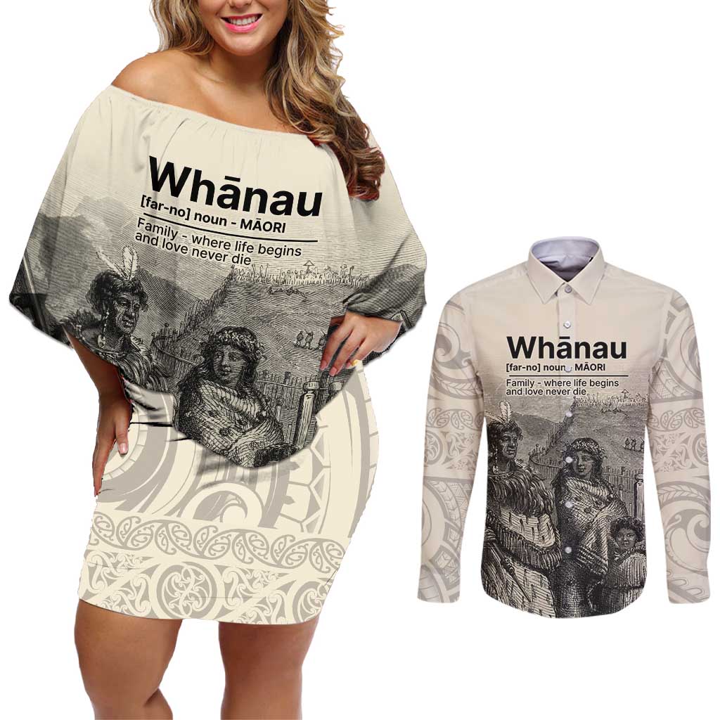 Whanau Maori Language Couples Matching Off Shoulder Short Dress and Long Sleeve Button Shirt Te Reo Maori Inspired Art
