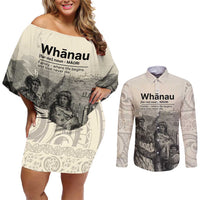 Whanau Maori Language Couples Matching Off Shoulder Short Dress and Long Sleeve Button Shirt Te Reo Maori Inspired Art