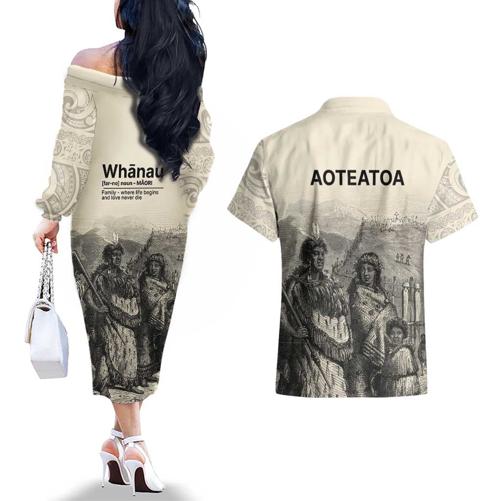 Whanau Maori Language Couples Matching Off The Shoulder Long Sleeve Dress and Hawaiian Shirt Te Reo Maori Inspired Art