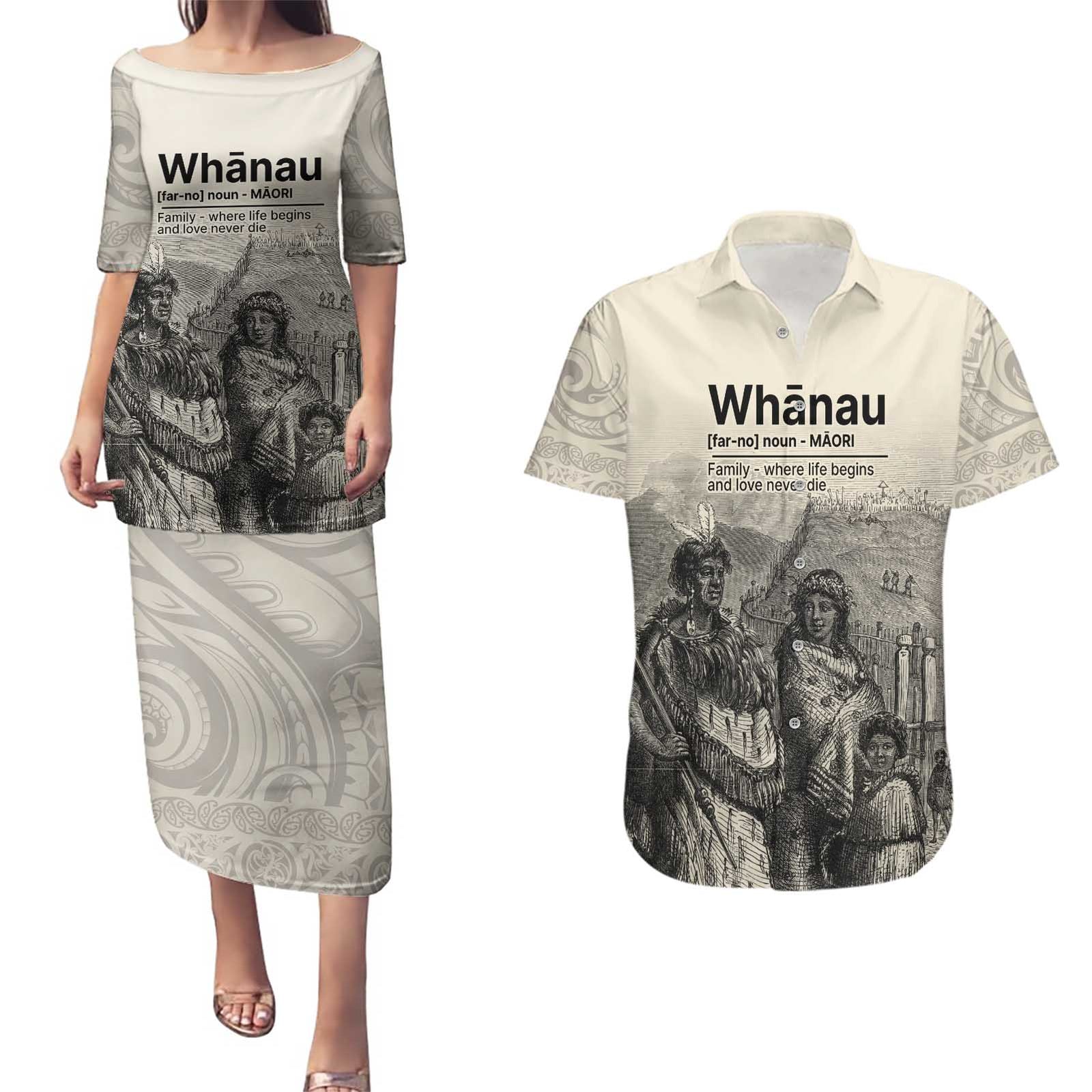 Whanau Maori Language Couples Matching Puletasi and Hawaiian Shirt Te Reo Maori Inspired Art