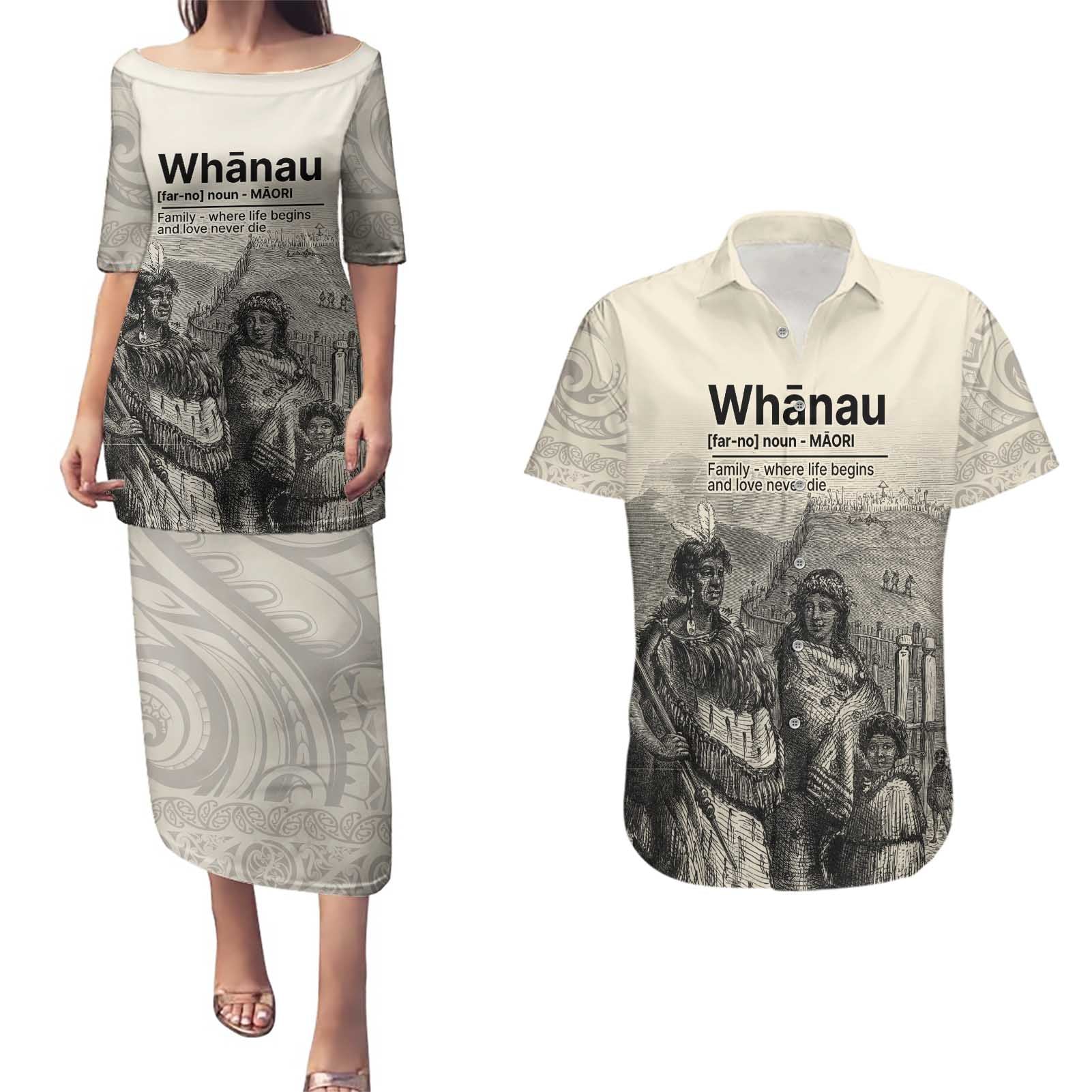 Whanau Maori Language Couples Matching Puletasi and Hawaiian Shirt Te Reo Maori Inspired Art