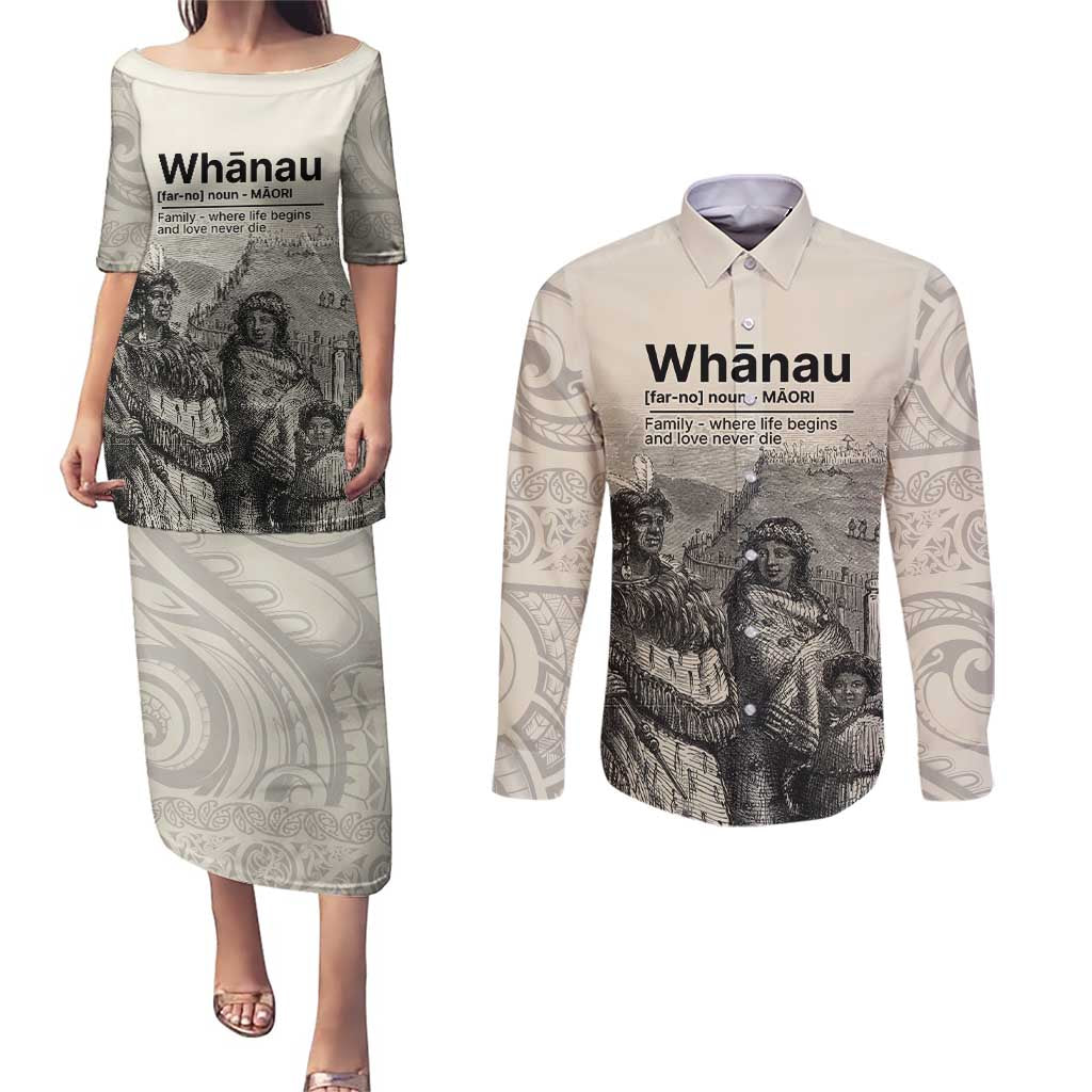 Whanau Maori Language Couples Matching Puletasi and Long Sleeve Button Shirt Te Reo Maori Inspired Art