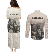 Whanau Maori Language Couples Matching Puletasi and Long Sleeve Button Shirt Te Reo Maori Inspired Art