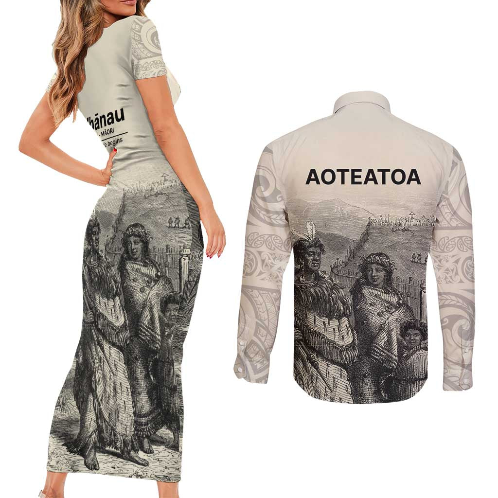 Whanau Maori Language Couples Matching Short Sleeve Bodycon Dress and Long Sleeve Button Shirt Te Reo Maori Inspired Art