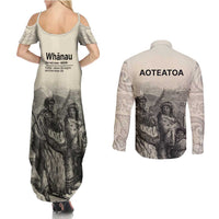 Whanau Maori Language Couples Matching Summer Maxi Dress and Long Sleeve Button Shirt Te Reo Maori Inspired Art
