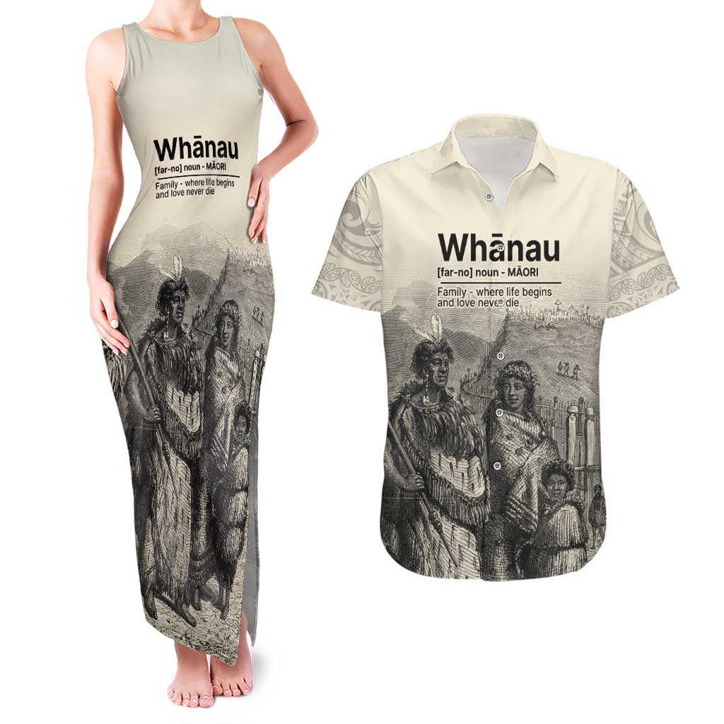 Whanau Maori Language Couples Matching Tank Maxi Dress and Hawaiian Shirt Te Reo Maori Inspired Art