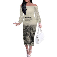 Whanau Maori Language Family Matching Off The Shoulder Long Sleeve Dress and Hawaiian Shirt Te Reo Maori Inspired Art