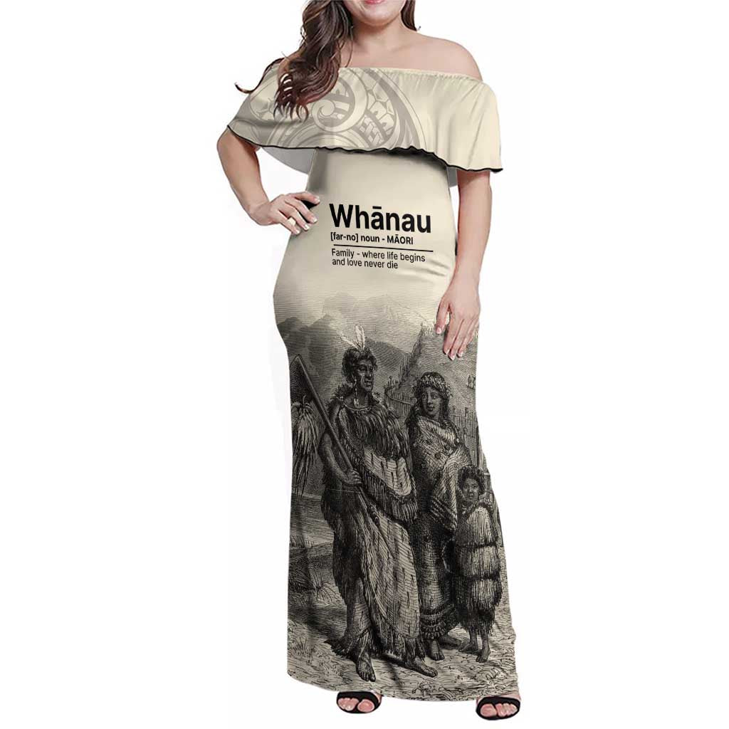 Whanau Maori Language Family Matching Off Shoulder Maxi Dress and Hawaiian Shirt Te Reo Maori Inspired Art