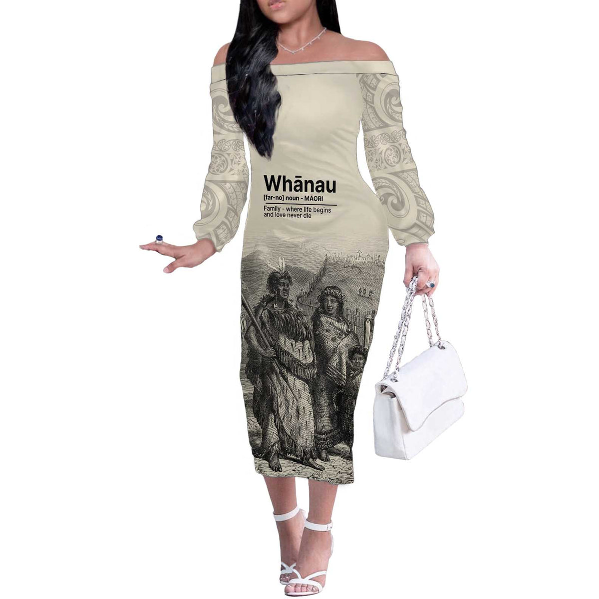 Whanau Maori Language Off The Shoulder Long Sleeve Dress Te Reo Maori Inspired Art LT9 Women Nude - Polynesian Pride