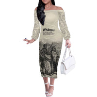 Whanau Maori Language Off The Shoulder Long Sleeve Dress Te Reo Maori Inspired Art LT9 Women Nude - Polynesian Pride