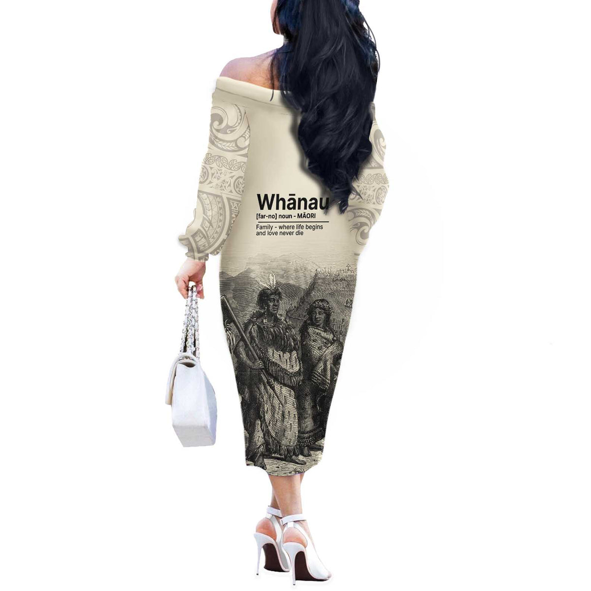 Whanau Maori Language Off The Shoulder Long Sleeve Dress Te Reo Maori Inspired Art LT9 - Polynesian Pride