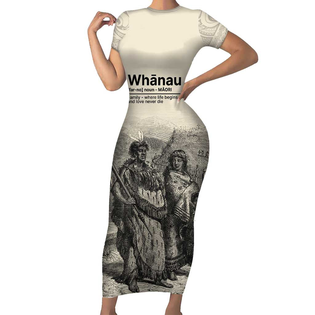 Whanau Maori Language Short Sleeve Bodycon Dress Te Reo Maori Inspired Art LT9 Long Dress Nude - Polynesian Pride