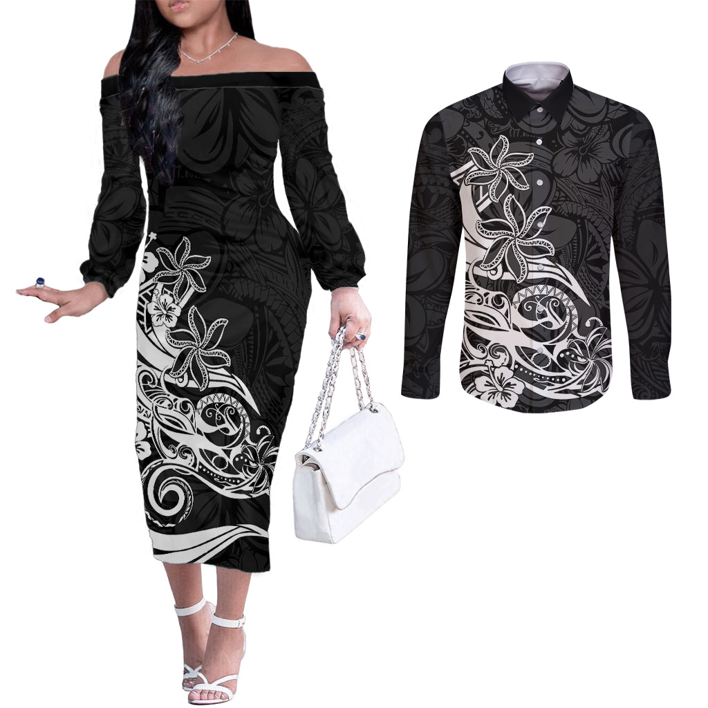 Polynesian Sunset Plumeria Couples Matching Off The Shoulder Long Sleeve Dress and Long Sleeve Button Shirts Pacific Island Tribal Black Style LT9 Black - Polynesian Pride