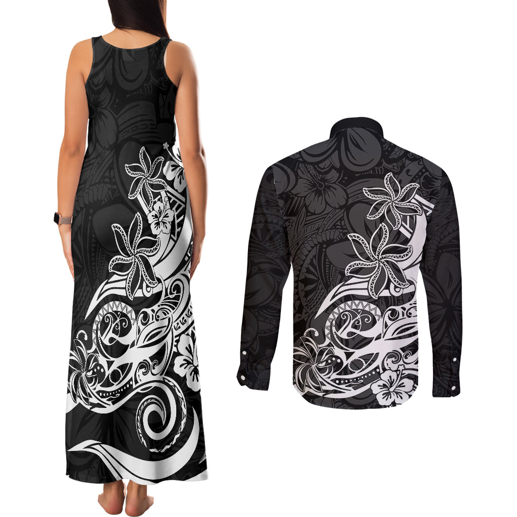 Polynesian Sunset Plumeria Couples Matching Tank Maxi Dress and Long Sleeve Button Shirts Pacific Island Tribal Black Style LT9 - Polynesian Pride