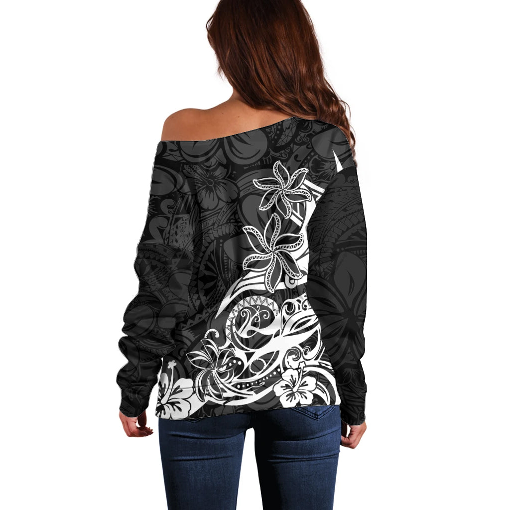Polynesian Sunset Plumeria Off Shoulder Sweater Pacific Island Tribal Black Style LT9 - Polynesian Pride
