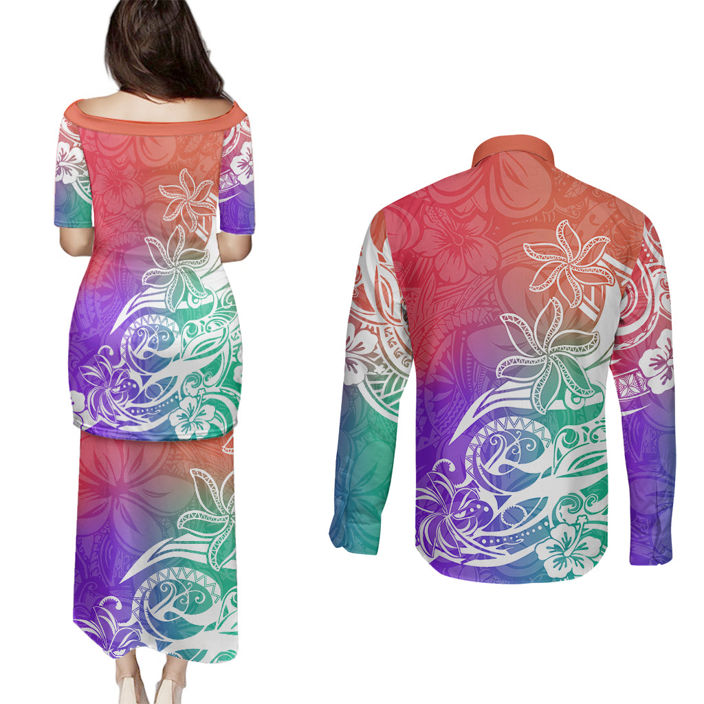 Polynesian Sunset Plumeria Couples Matching Puletasi Dress and Long Sleeve Button Shirts Pacific Island Tribal Blossom Style LT9 - Polynesian Pride
