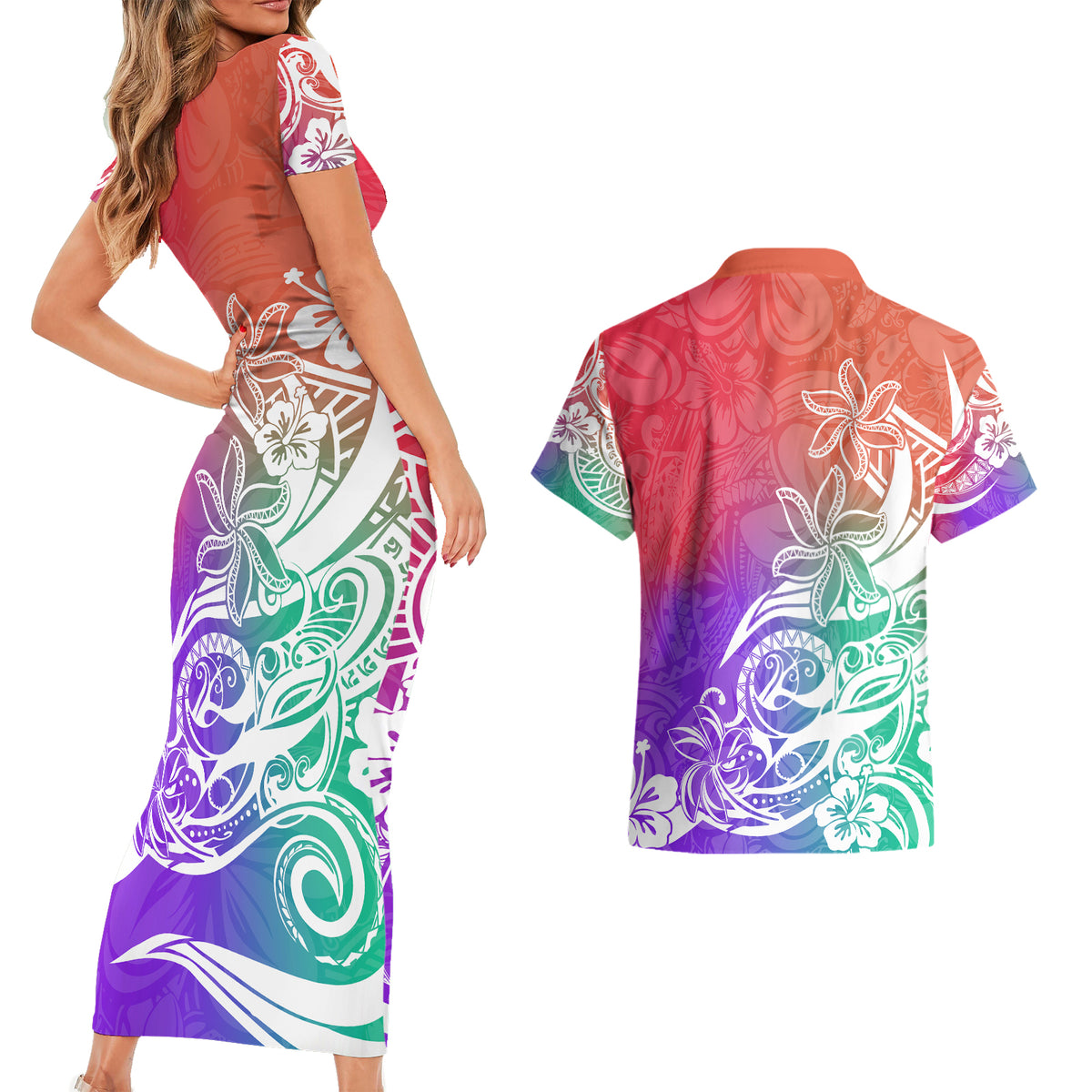 Polynesian Sunset Plumeria Couples Matching Short Sleeve Bodycon Dress and Hawaiian Shirt Pacific Island Tribal Blossom Style LT9 - Polynesian Pride
