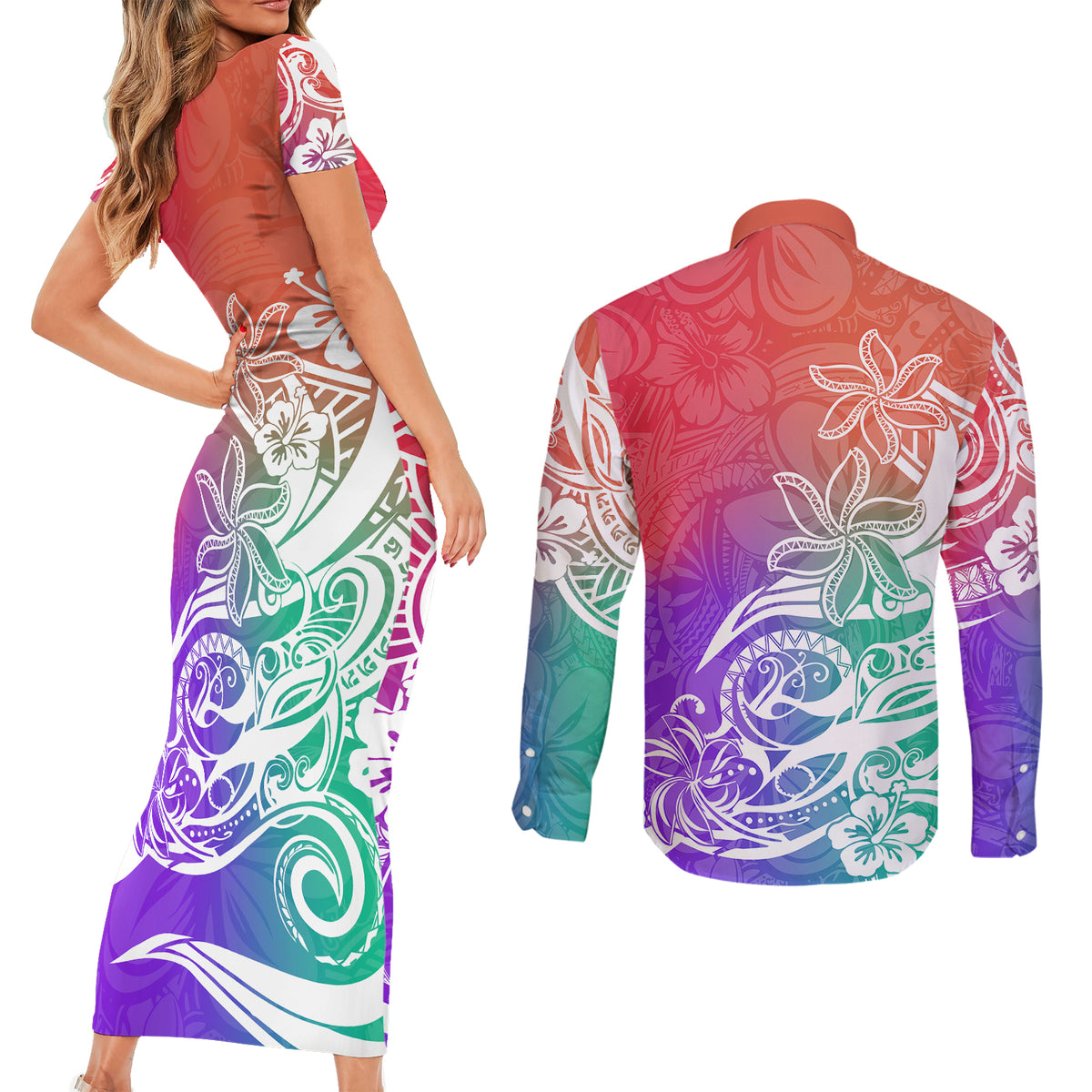 Polynesian Sunset Plumeria Couples Matching Short Sleeve Bodycon Dress and Long Sleeve Button Shirts Pacific Island Tribal Blossom Style LT9 - Polynesian Pride