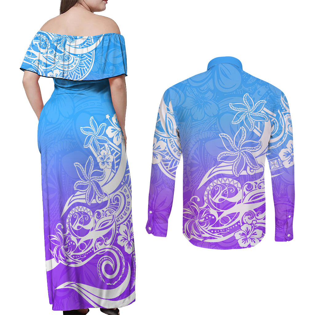 Polynesian Sunset Plumeria Couples Matching Off Shoulder Maxi Dress and Long Sleeve Button Shirts Pacific Island Tribal Blue Style LT9 - Polynesian Pride