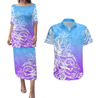 Polynesian Sunset Plumeria Couples Matching Puletasi Dress and Hawaiian Shirt Pacific Island Tribal Blue Style LT9 Blue - Polynesian Pride