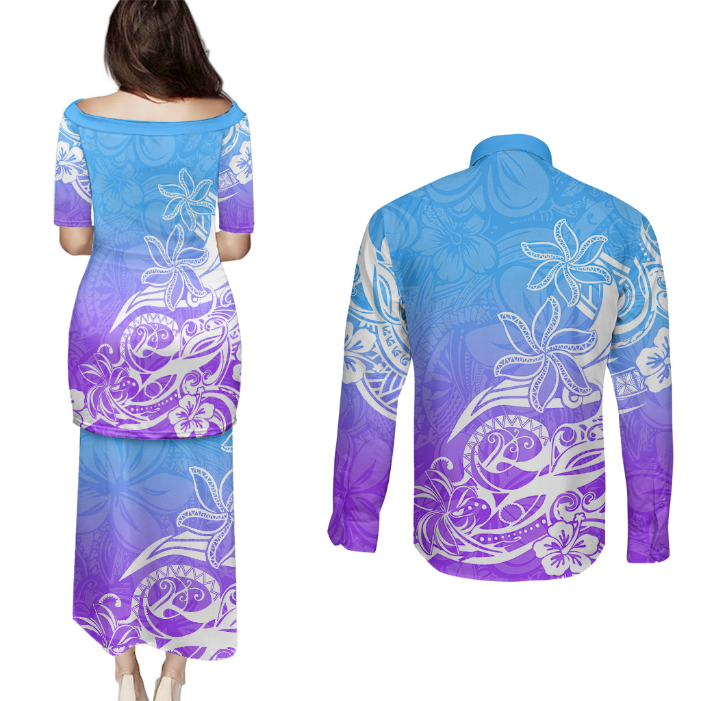 Polynesian Sunset Plumeria Couples Matching Puletasi Dress and Long Sleeve Button Shirts Pacific Island Tribal Blue Style LT9 - Polynesian Pride