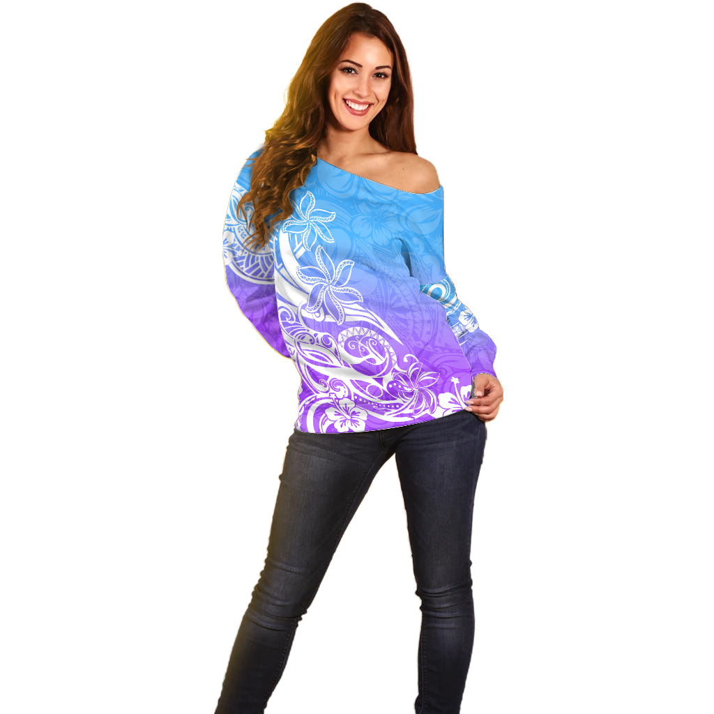 Polynesian Sunset Plumeria Off Shoulder Sweater Pacific Island Tribal Blue Style LT9 - Polynesian Pride
